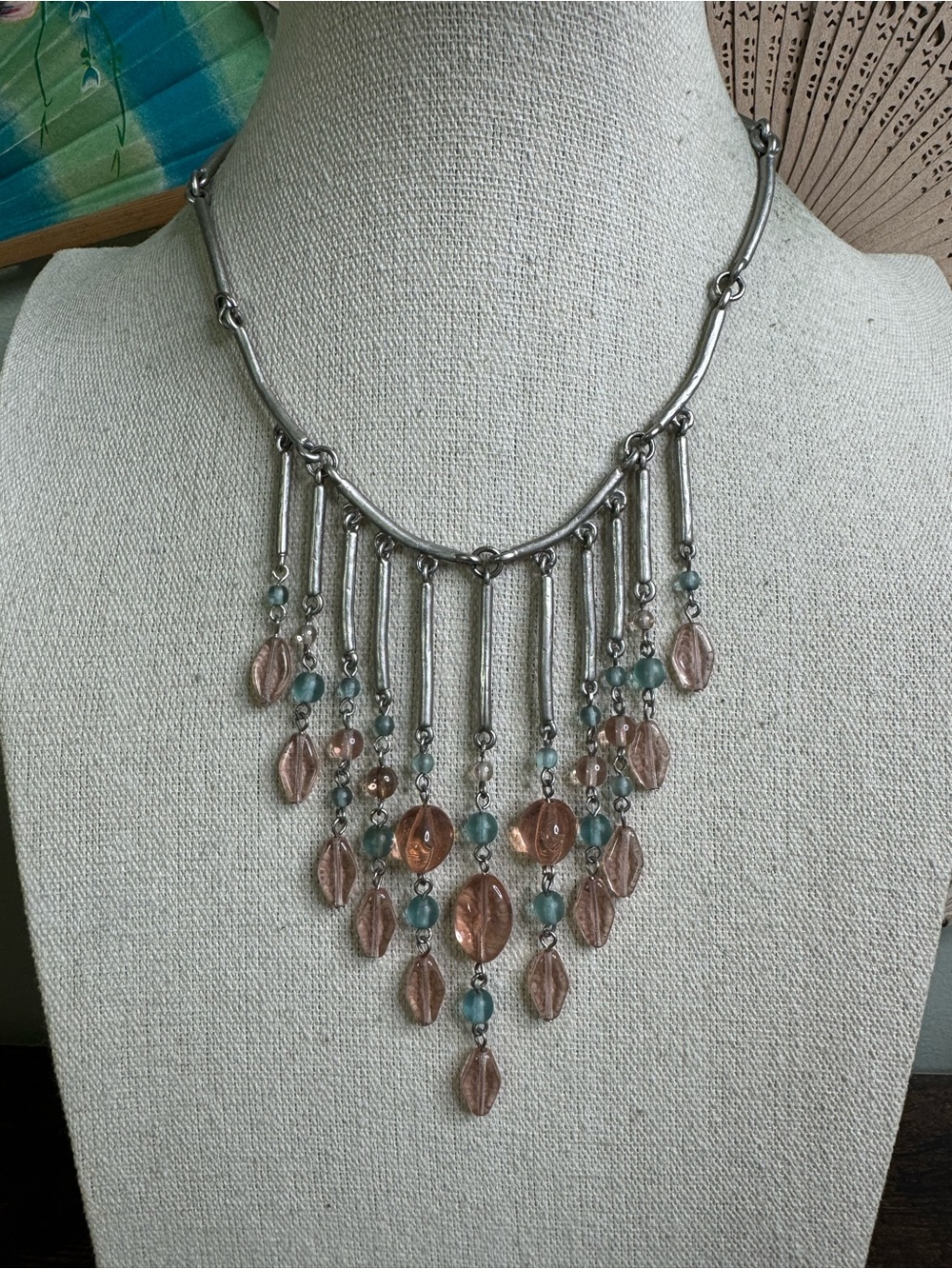 Vintage Bijoux Givenchy Silver-Tone Pink Beaded Fringe Cascade Necklace